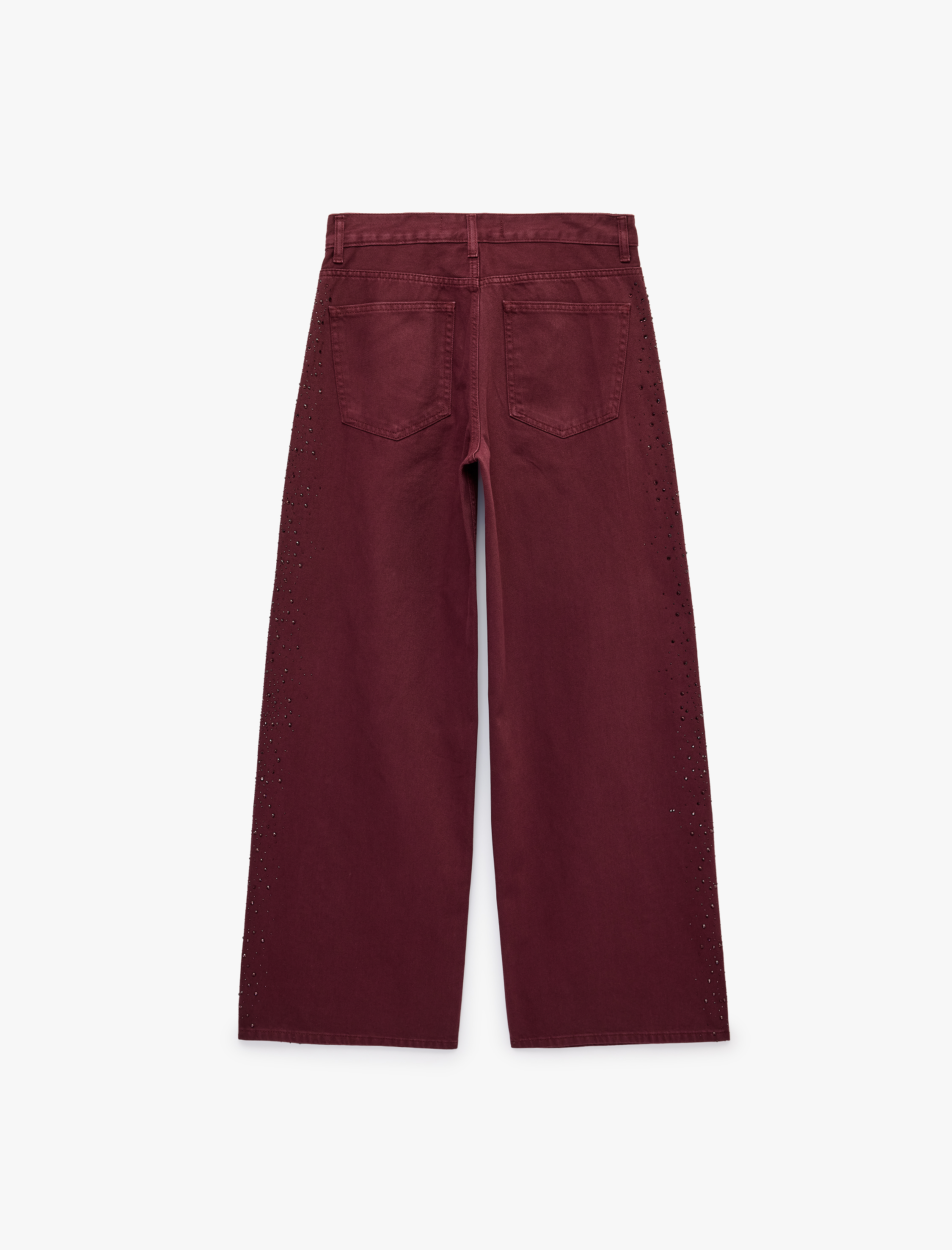   Yüksek Bel Taşlı Bol Paça Düğmeli Cepli Pamuklu Denim Pantolon - Loose Straight Fit Jean