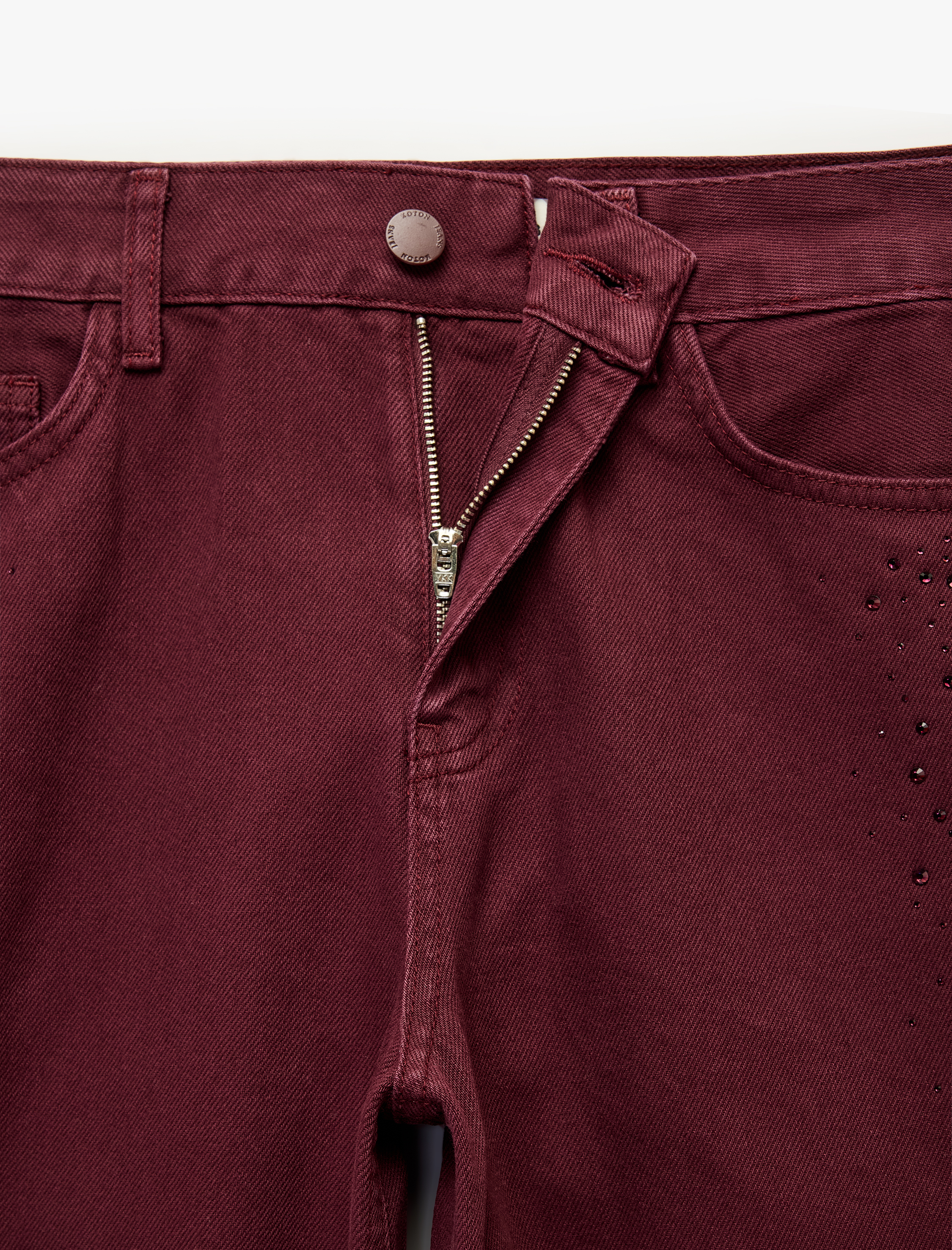   Yüksek Bel Taşlı Bol Paça Düğmeli Cepli Pamuklu Denim Pantolon - Loose Straight Fit Jean