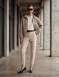 Uzun Kollu Fermuarlı Kareli Dik Yaka Oversize Gabardin Ceket