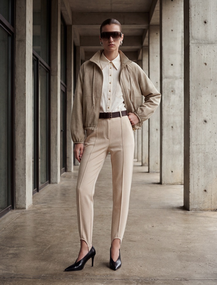  Uzun Kollu Fermuarlı Kareli Dik Yaka Oversize Gabardin Ceket