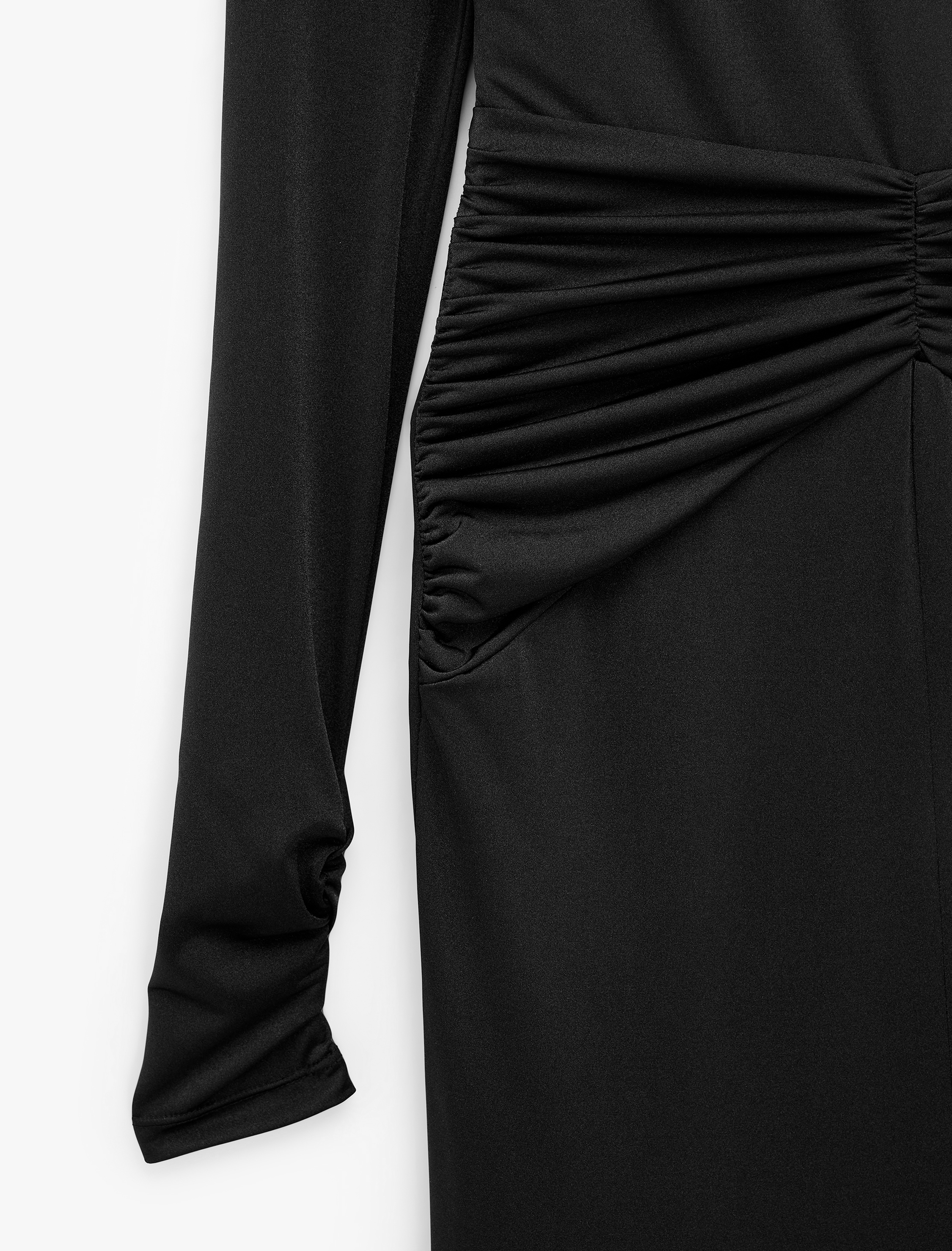   Slim Fit Parlak Sandy Kumaş Degaje Yaka Uzun Kollu Drapeli Elbise