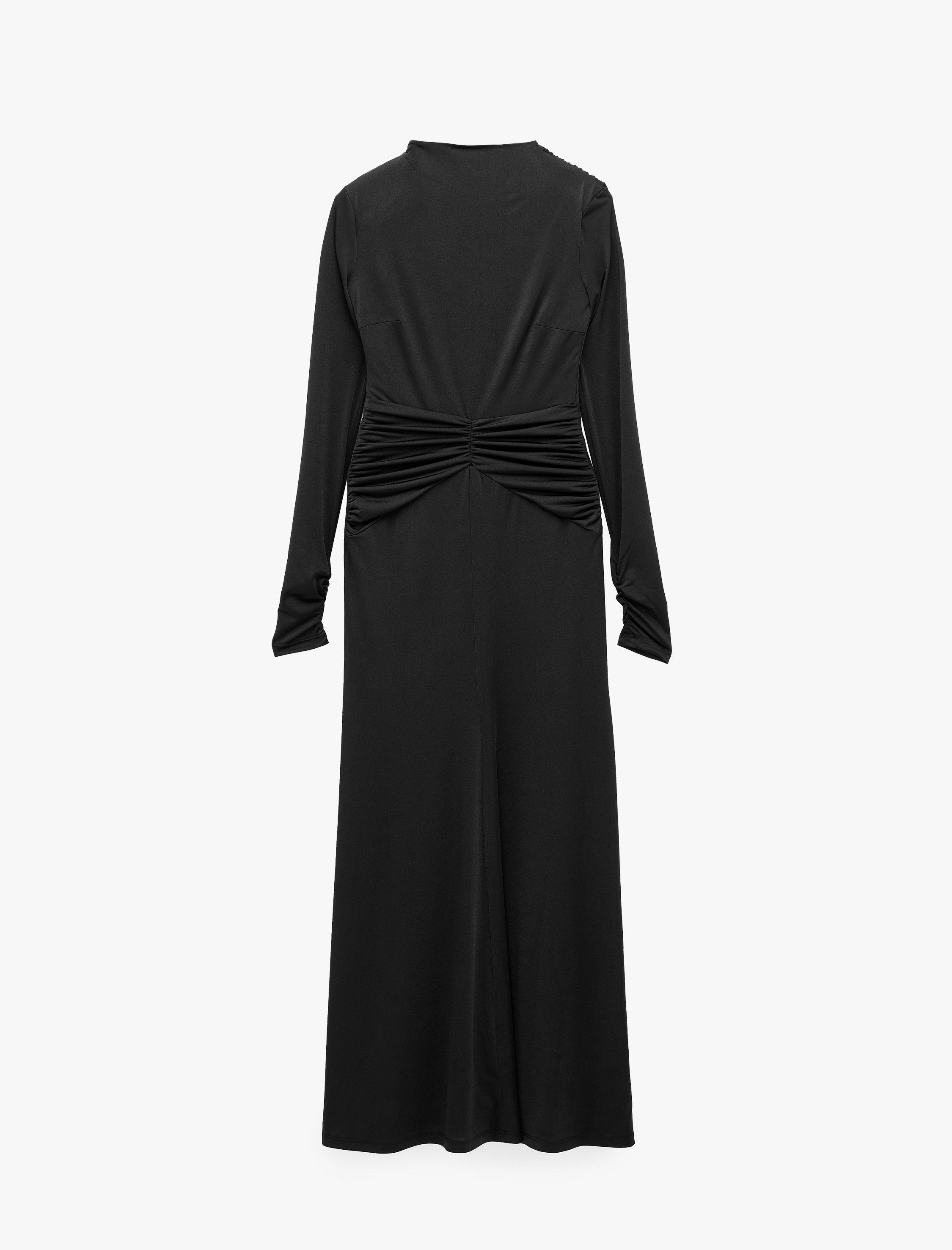   Slim Fit Parlak Sandy Kumaş Degaje Yaka Uzun Kollu Drapeli Elbise