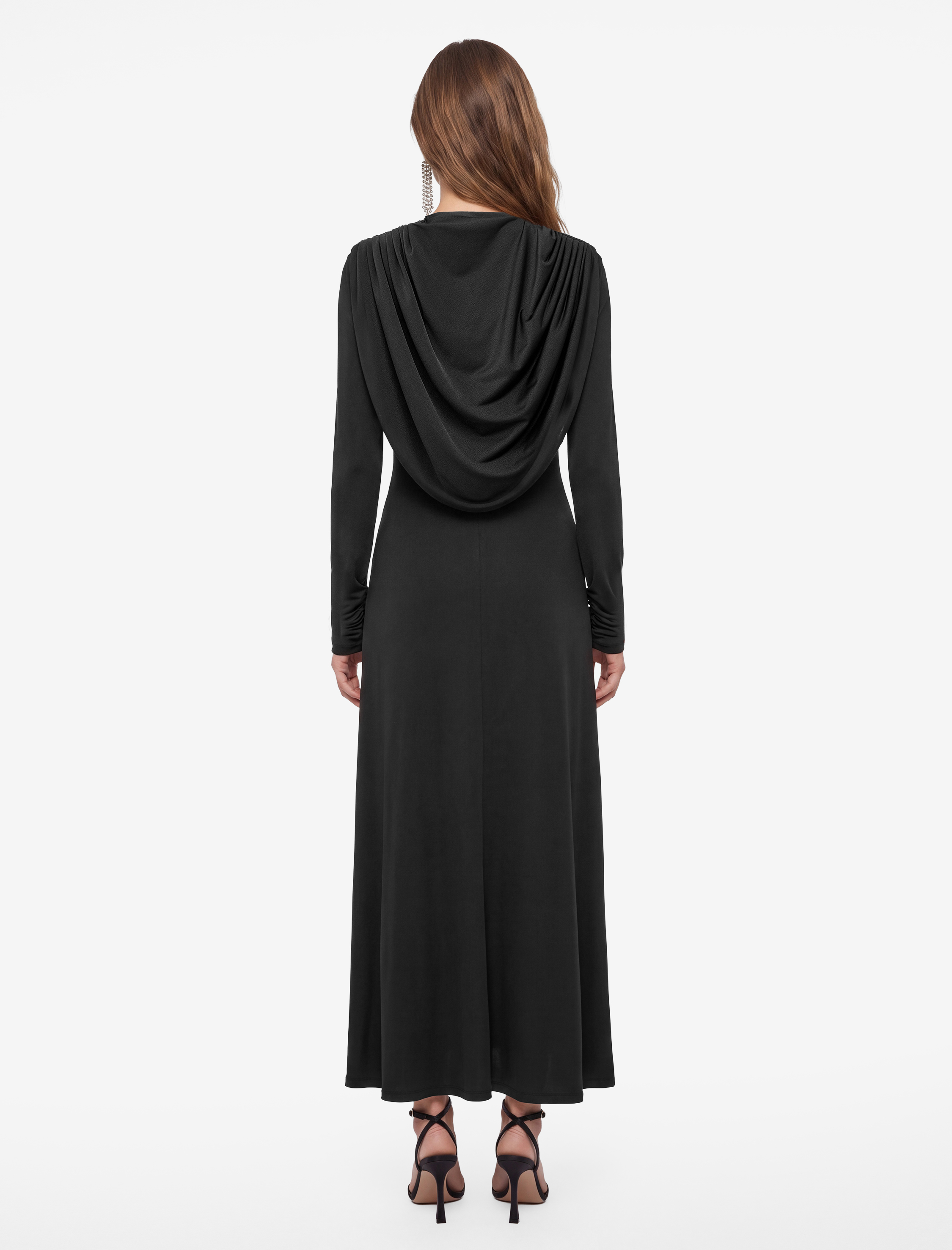   Slim Fit Parlak Sandy Kumaş Degaje Yaka Uzun Kollu Drapeli Elbise