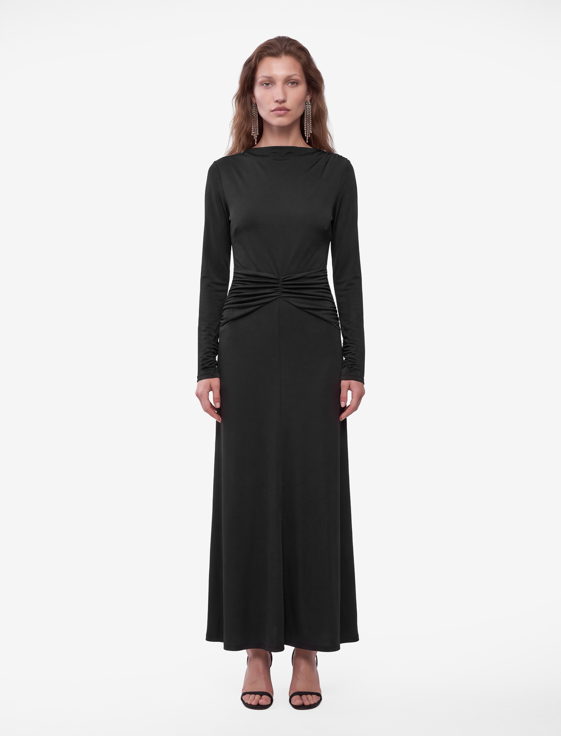   Slim Fit Parlak Sandy Kumaş Degaje Yaka Uzun Kollu Drapeli Elbise