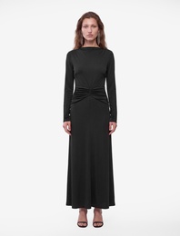 Slim Fit Parlak Sandy Kumaş Degaje Yaka Uzun Kollu Drapeli Elbise