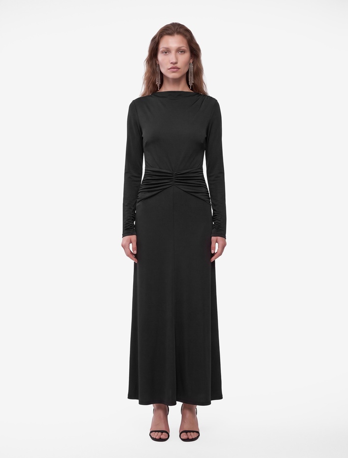  Slim Fit Parlak Sandy Kumaş Degaje Yaka Uzun Kollu Drapeli Elbise
