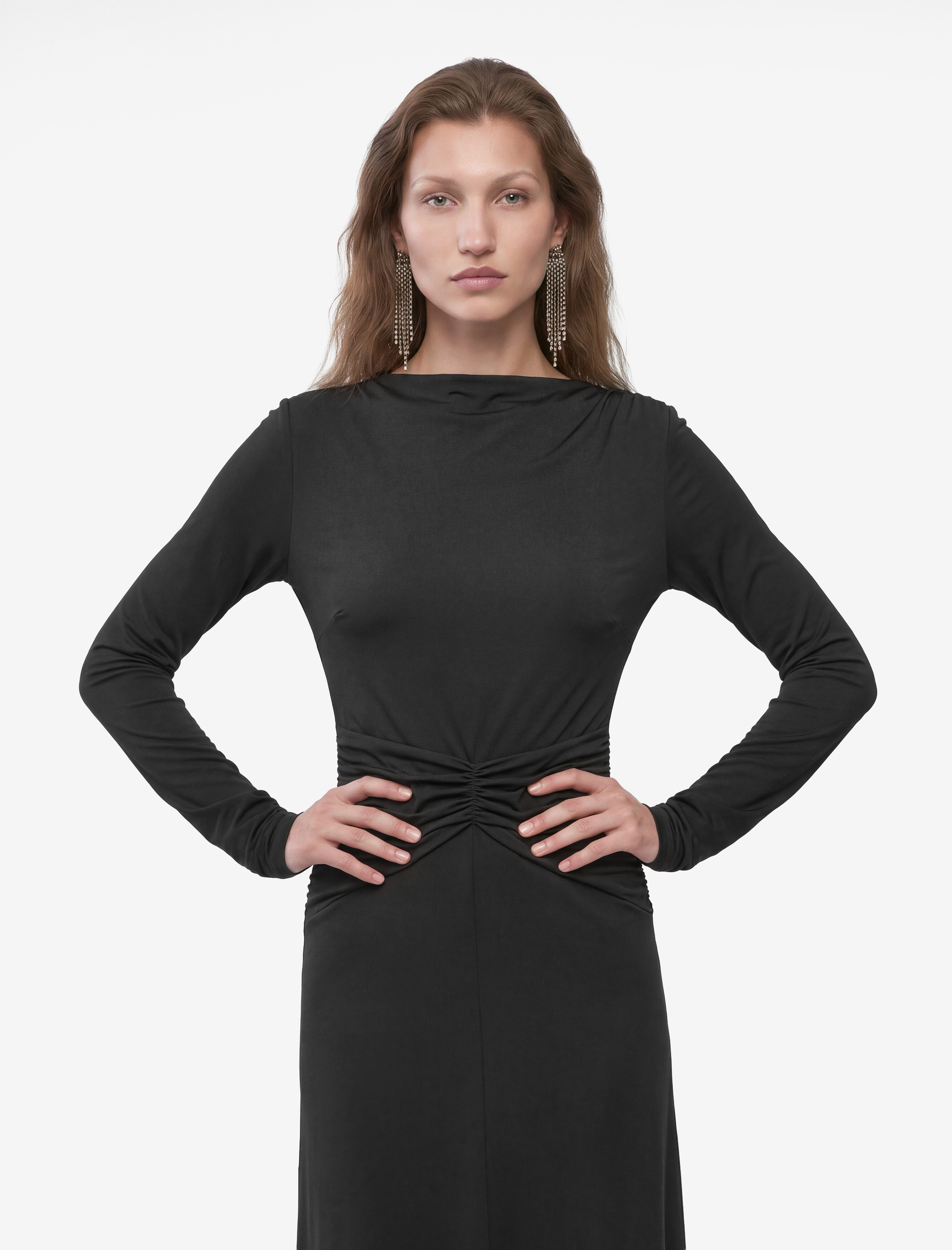   Slim Fit Parlak Sandy Kumaş Degaje Yaka Uzun Kollu Drapeli Elbise