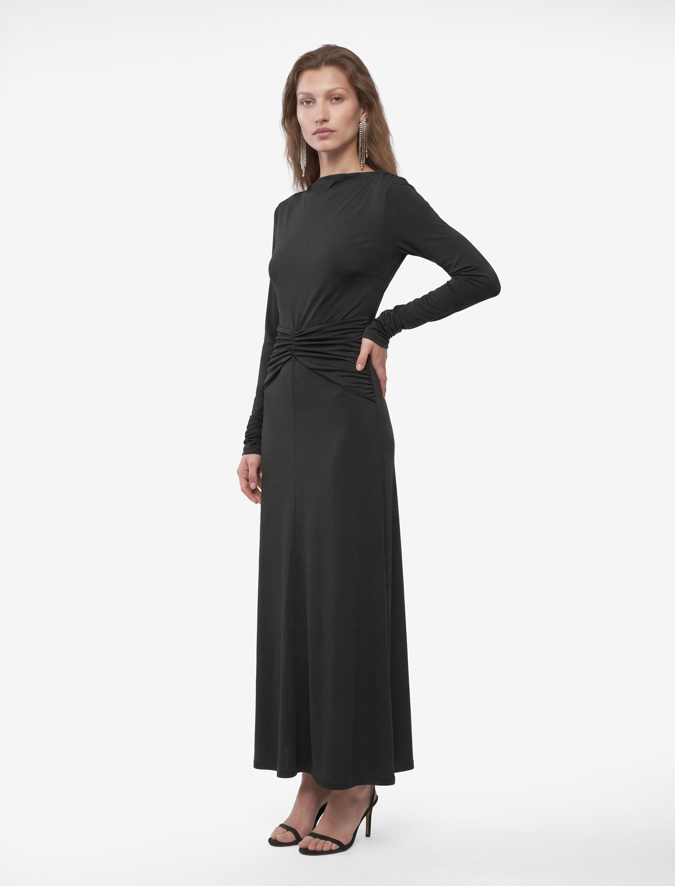   Slim Fit Parlak Sandy Kumaş Degaje Yaka Uzun Kollu Drapeli Elbise
