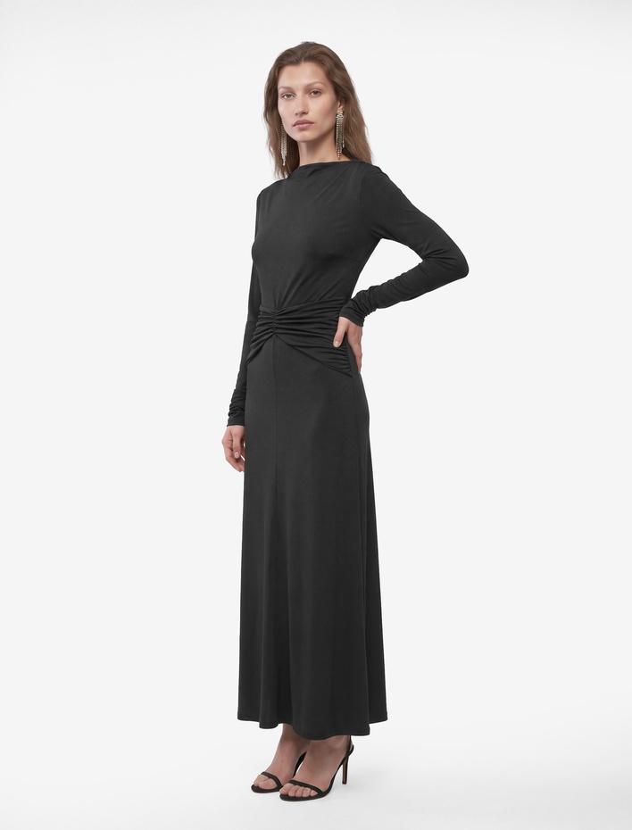  Slim Fit Parlak Sandy Kumaş Degaje Yaka Uzun Kollu Drapeli Elbise