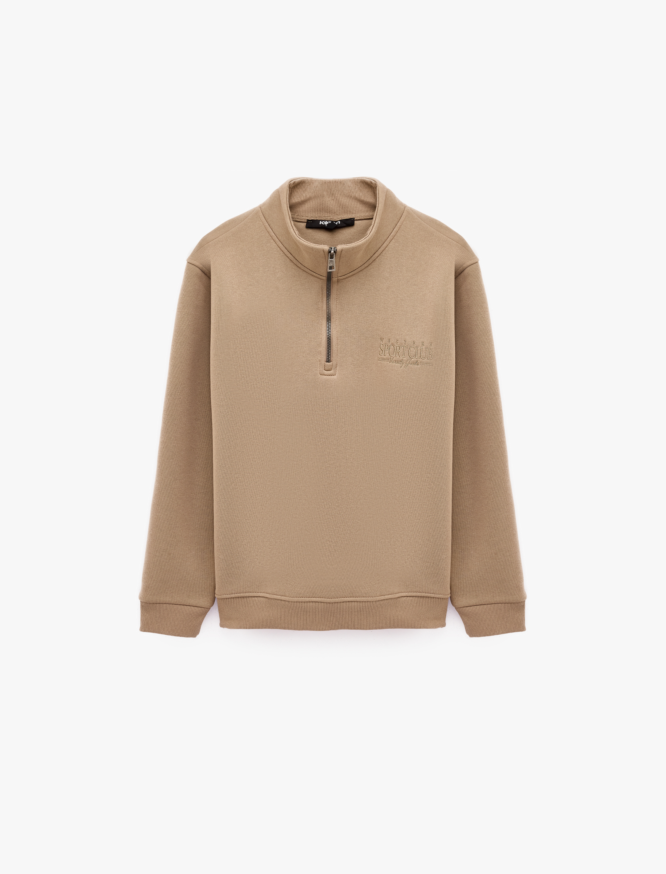   Uzun Kollu Nakışlı Şardonlu Yarım Fermuarlı Sweatshirt
