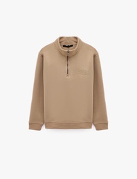 Uzun Kollu Nakışlı Şardonlu Yarım Fermuarlı Sweatshirt