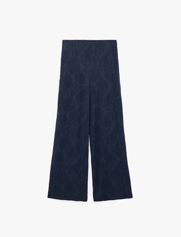  Straight Jakarlı Çiçek Desenli Bol Paça Pantolon