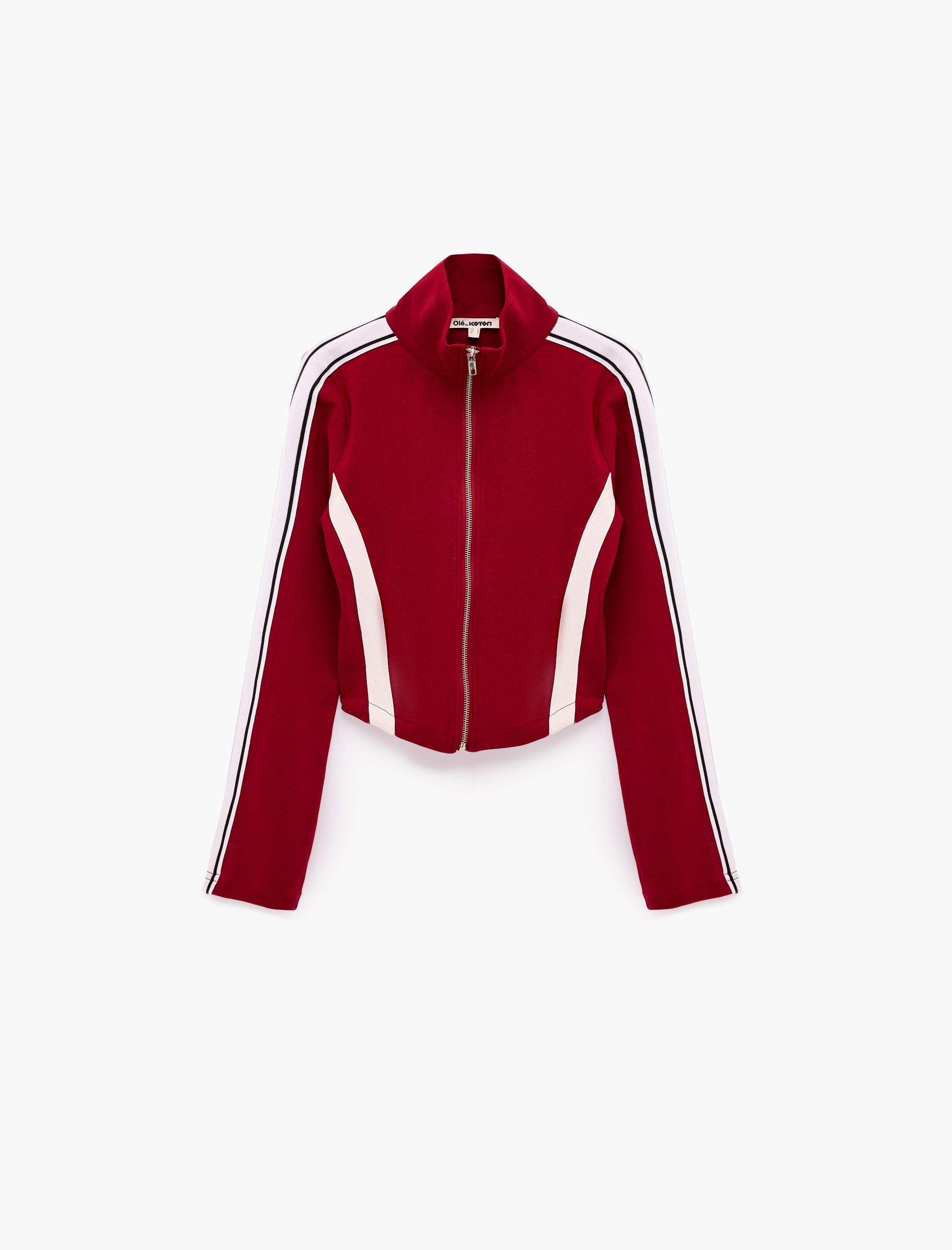   Slim Fit Pamuklu Şeritli Dik Yaka Uzun Kollu Fermuarlı Sweatshirt