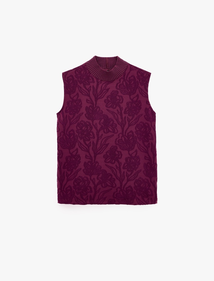 Slim Fit Dik Yaka Kolsuz Çiçek Desenli Bluz