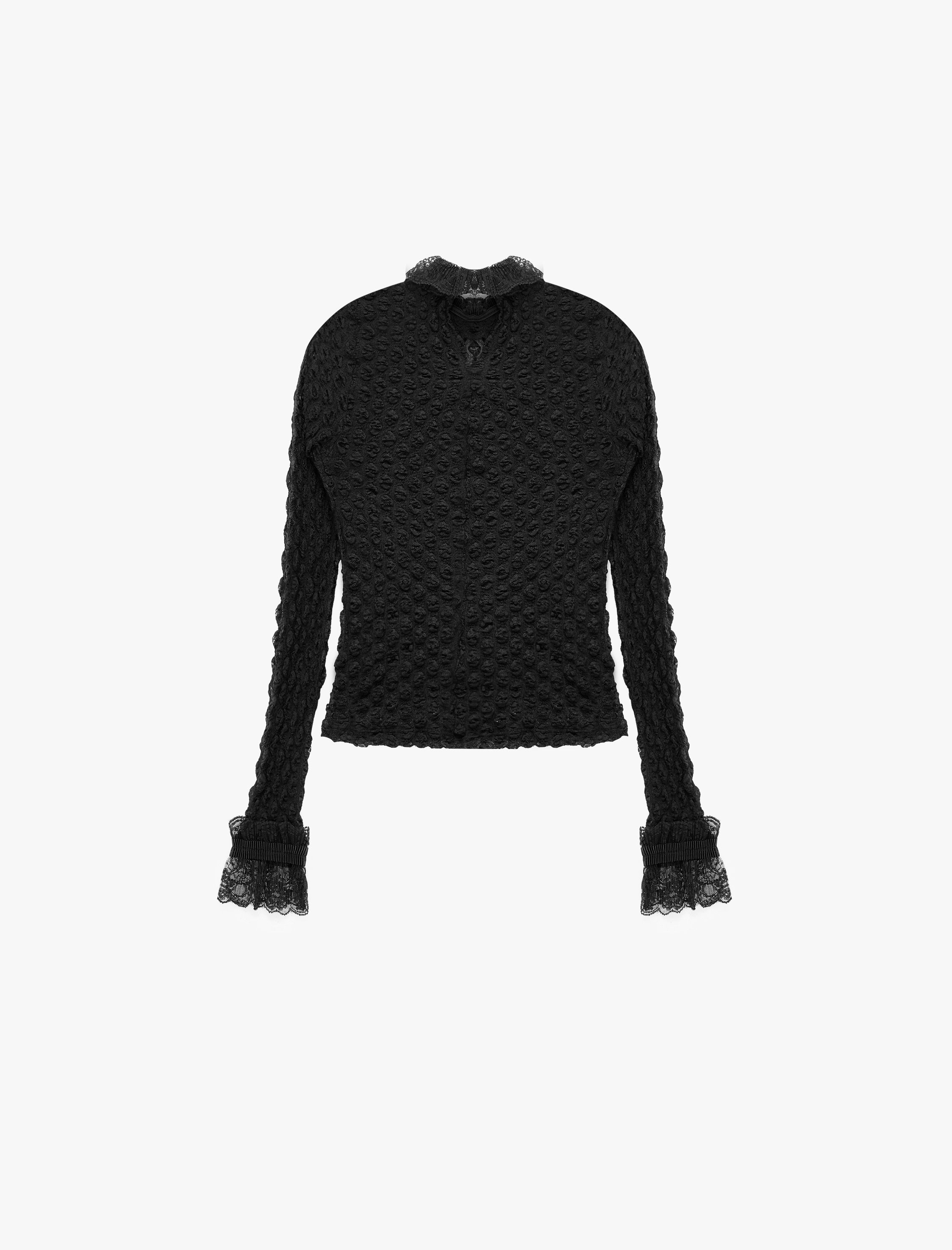   Koton X Selected by Melis Ağazat - Dantelli Dik Yaka Dokulu Tişört Slim Fit Uzun Kollu
