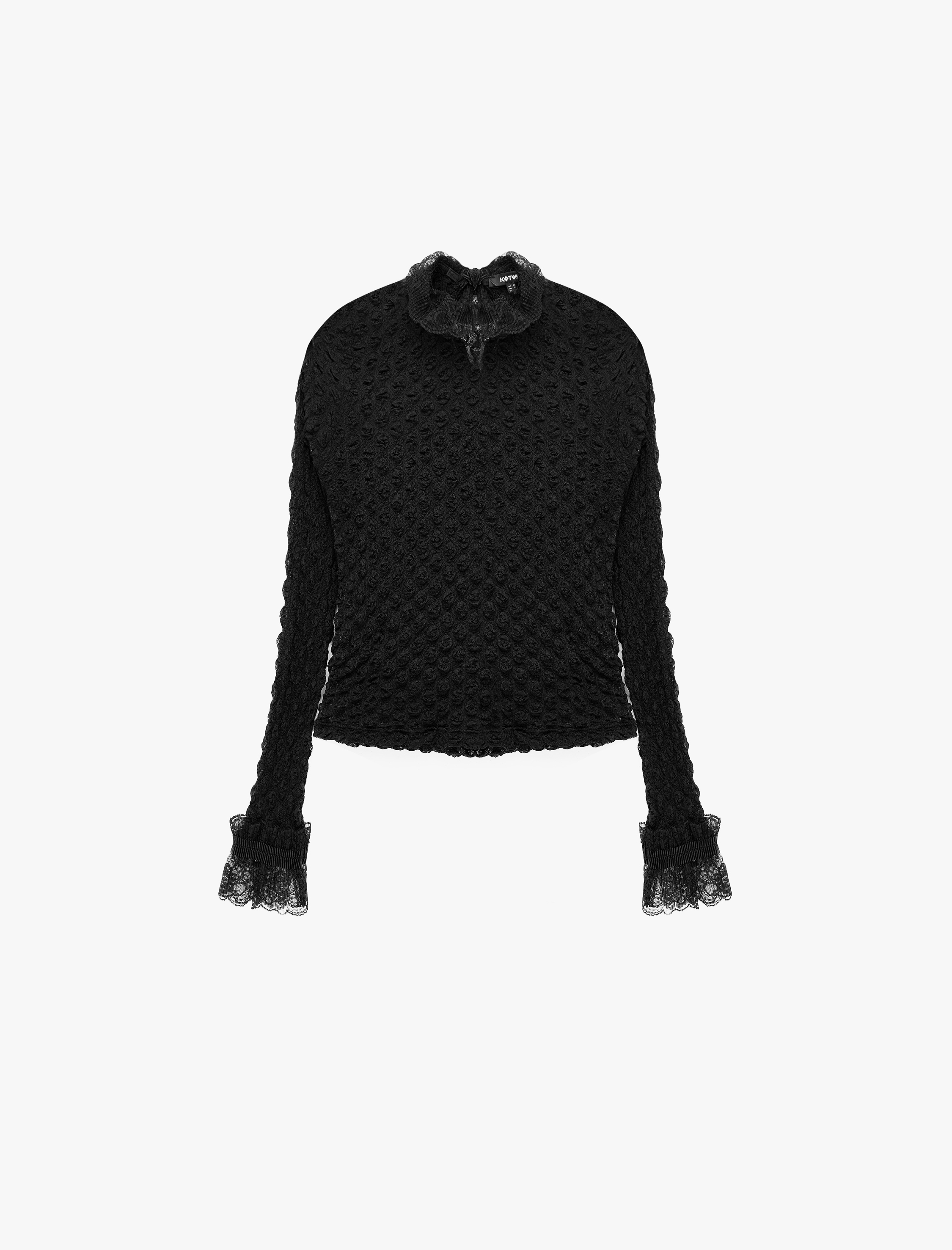   Koton X Selected by Melis Ağazat - Dantelli Dik Yaka Dokulu Tişört Slim Fit Uzun Kollu