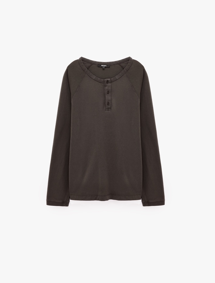  Pamuklu Uzun Reglan Kollu Düğmeli Oversize Henley Yaka Sweatshirt