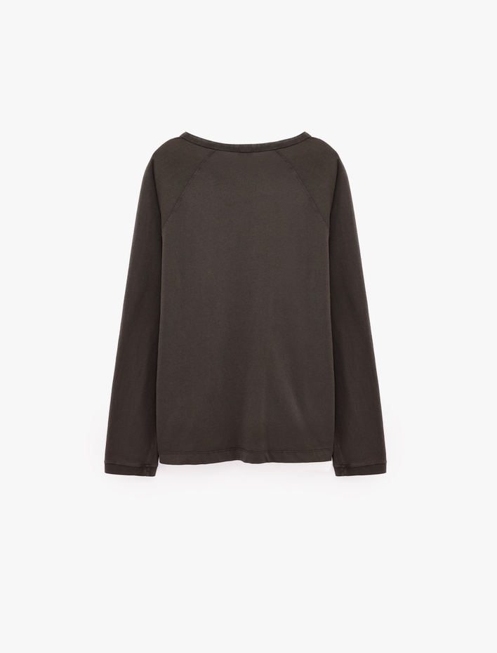 Pamuklu Uzun Reglan Kollu Düğmeli Oversize Henley Yaka Sweatshirt