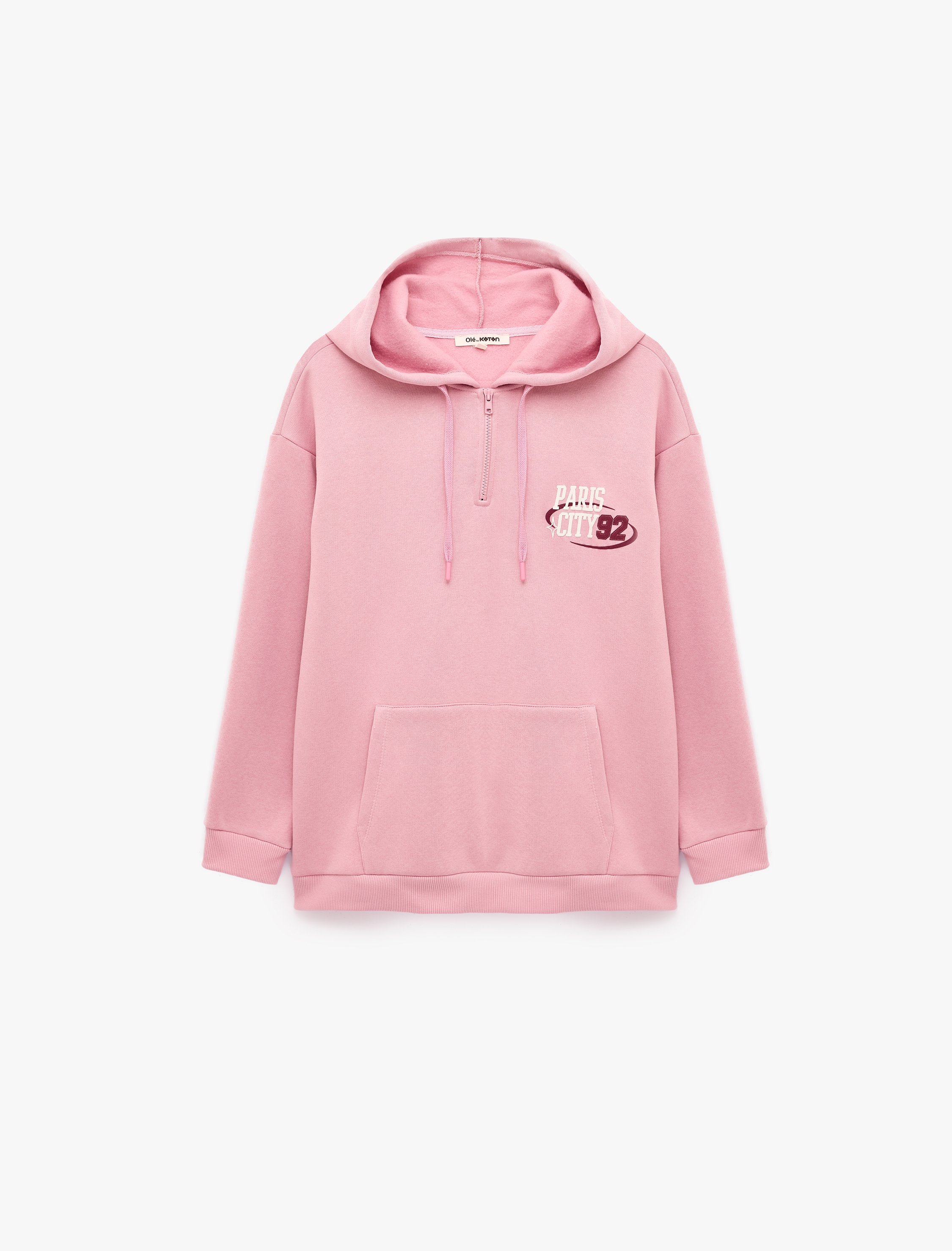   Pamuklu Rahat Kalıp Kapüşonlu Yarım Fermuarlı Cepli Baskılı Sweatshirt