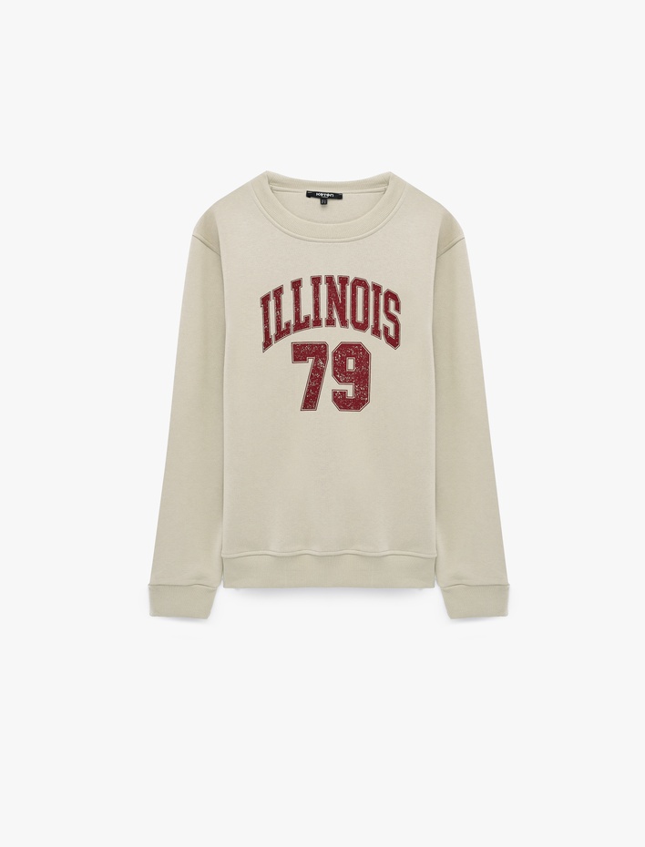  Üç İplik Şardonlu Uzun Kollu Bisiklet Yaka Baskılı Sweatshirt