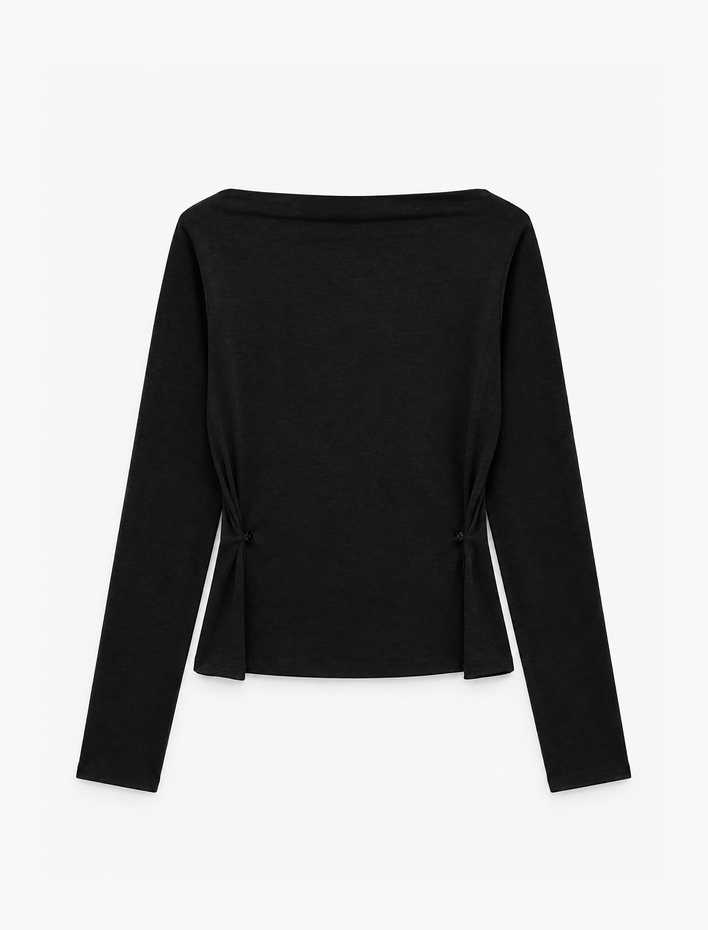  Slim Fit Yün Karışımlı Yuvarlak Yaka Yan Düğmeli Uzun Kollu Tişört