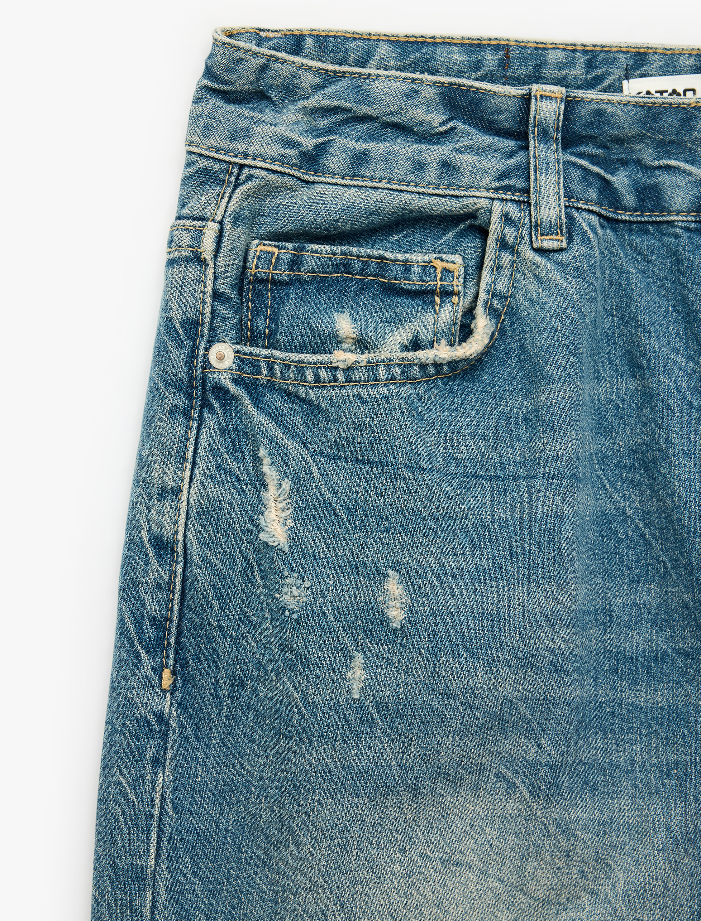   Yıpratılmış Düz Paça Cepli Düğmeli Pamuklu Baggy Denim Pantolon - Baggy Jeans