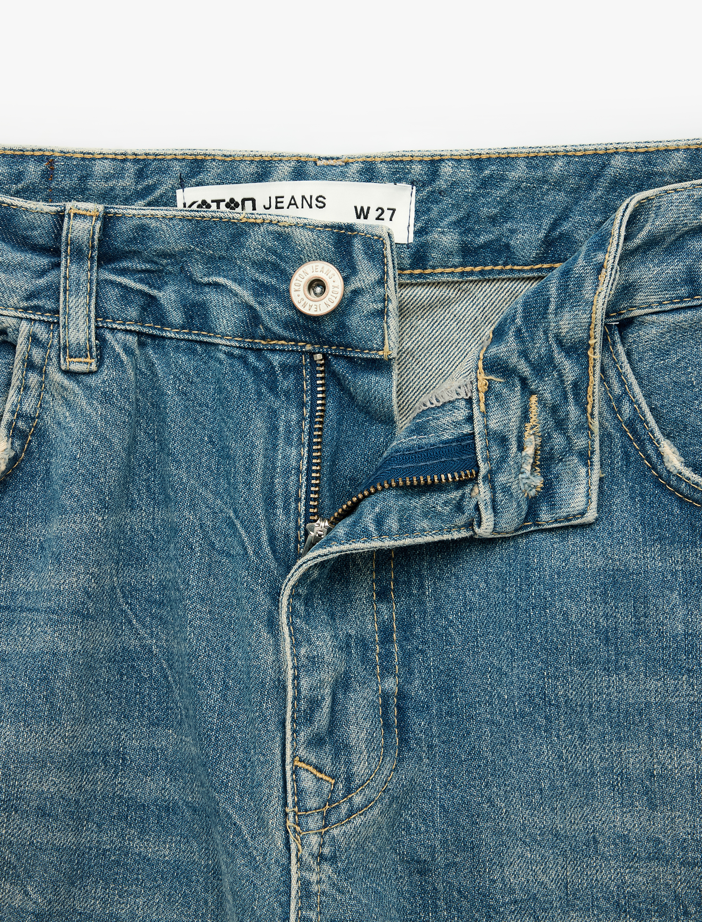   Yıpratılmış Düz Paça Cepli Düğmeli Pamuklu Baggy Denim Pantolon - Baggy Jeans