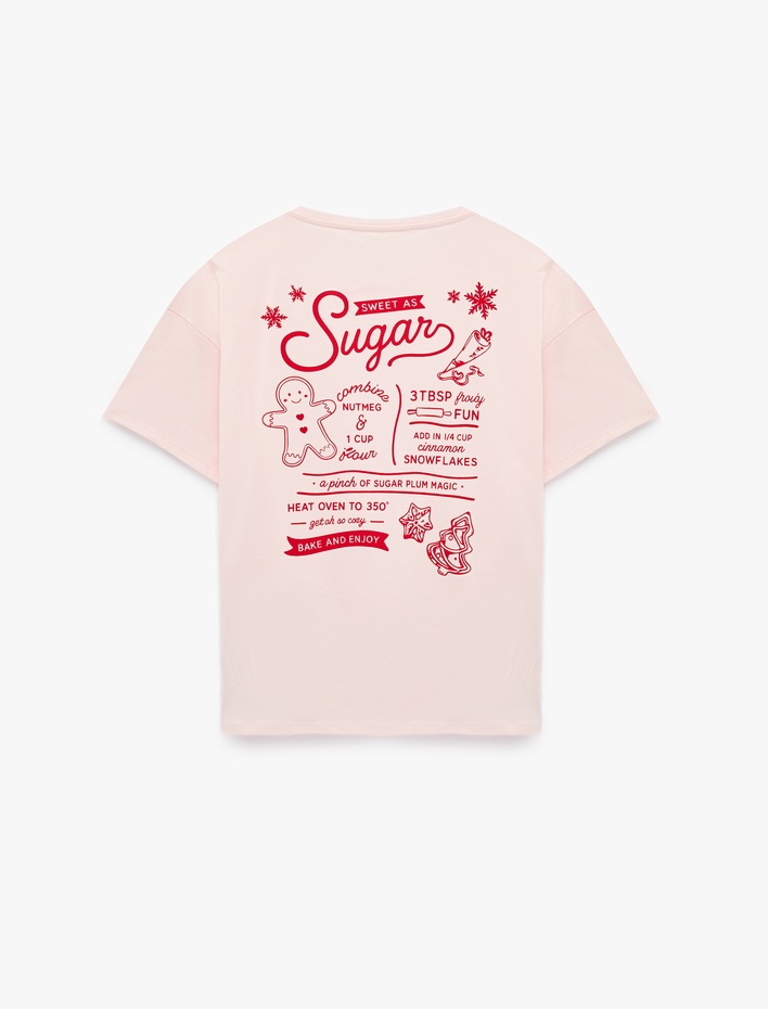  Pamuklu Rahat Kesim Kısa Kollu Bisiklet Yaka Baskılı Pijama Üstü