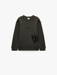 Baskılı Şardonlu Bisiklet Yaka Uzun Kollu Sweatshirt