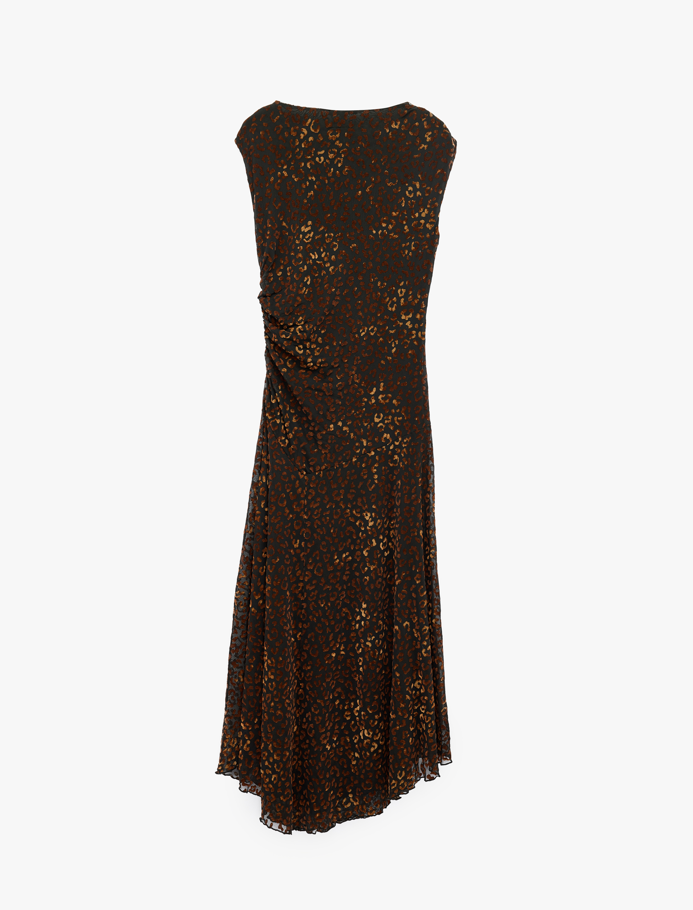   Slim Fit Asimetrik Kesim Drapeli Kolsuz Leopar Desenli Midi Elbise