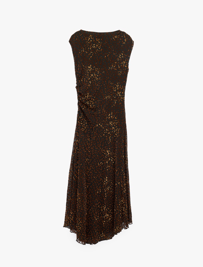  Slim Fit Asimetrik Kesim Drapeli Kolsuz Leopar Desenli Midi Elbise