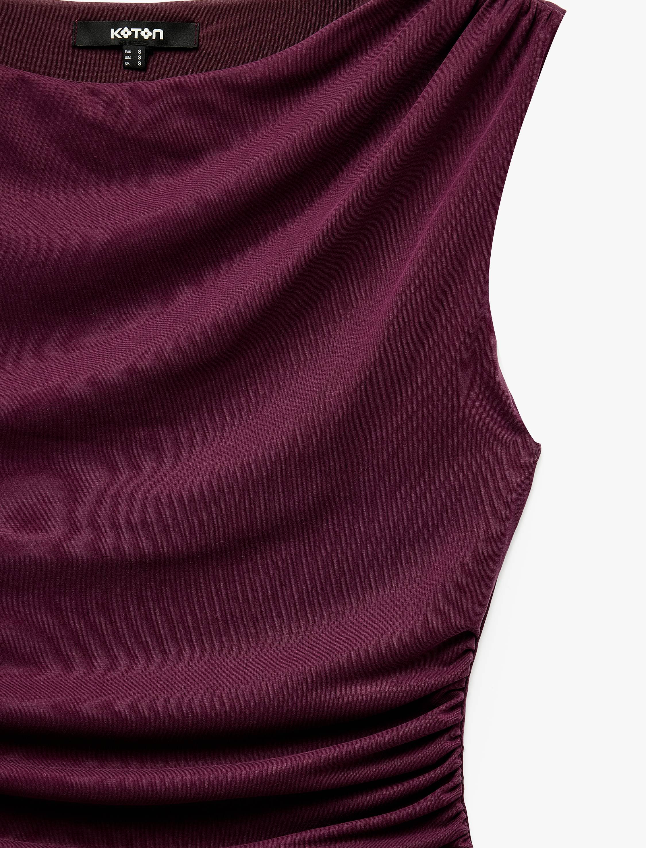   Kayık Yaka Kolsuz Mürdüm Rengi Midi Elbise Modal Kumaş Slim Fit Büzgülü Kloş Kesim