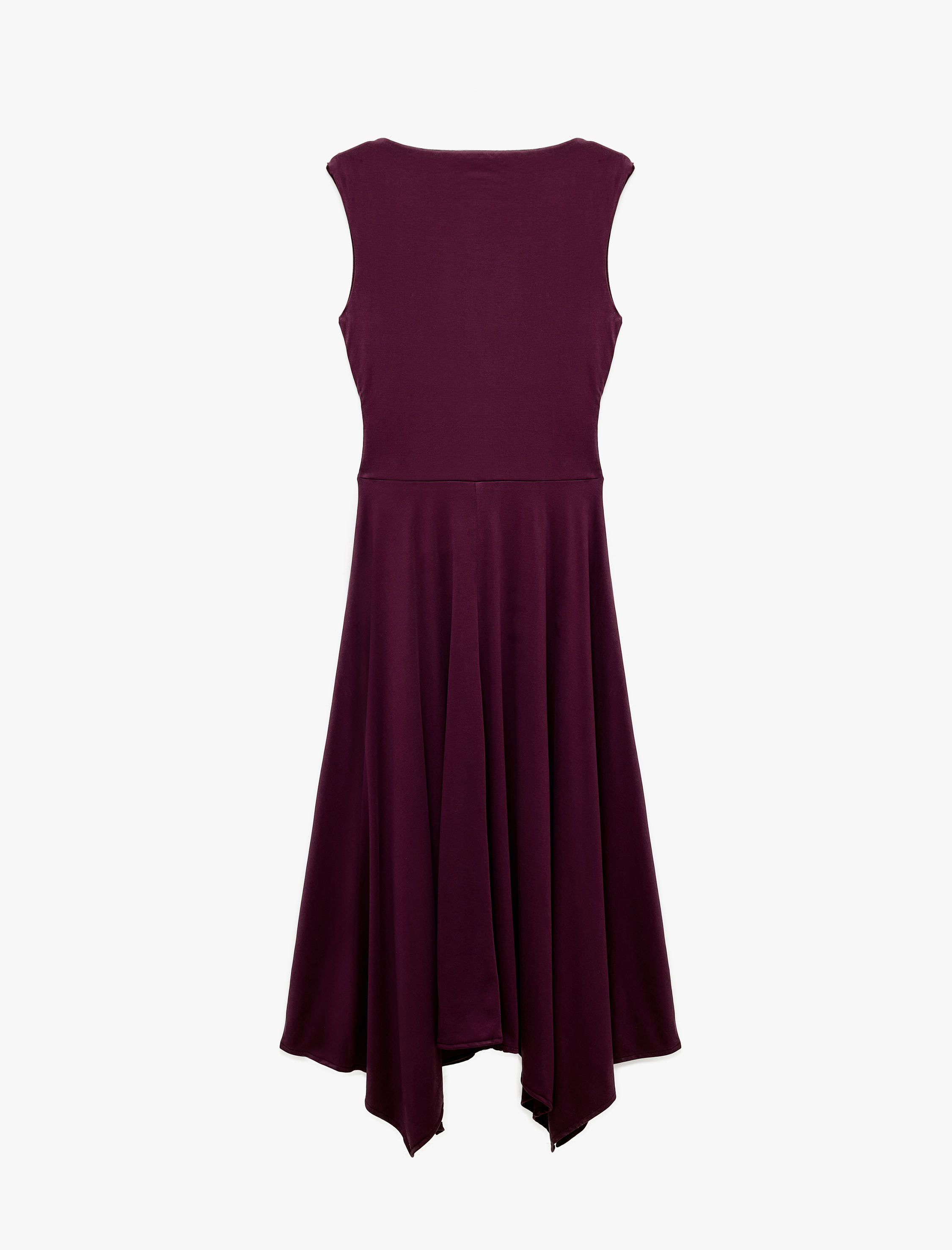   Kayık Yaka Kolsuz Mürdüm Rengi Midi Elbise Modal Kumaş Slim Fit Büzgülü Kloş Kesim