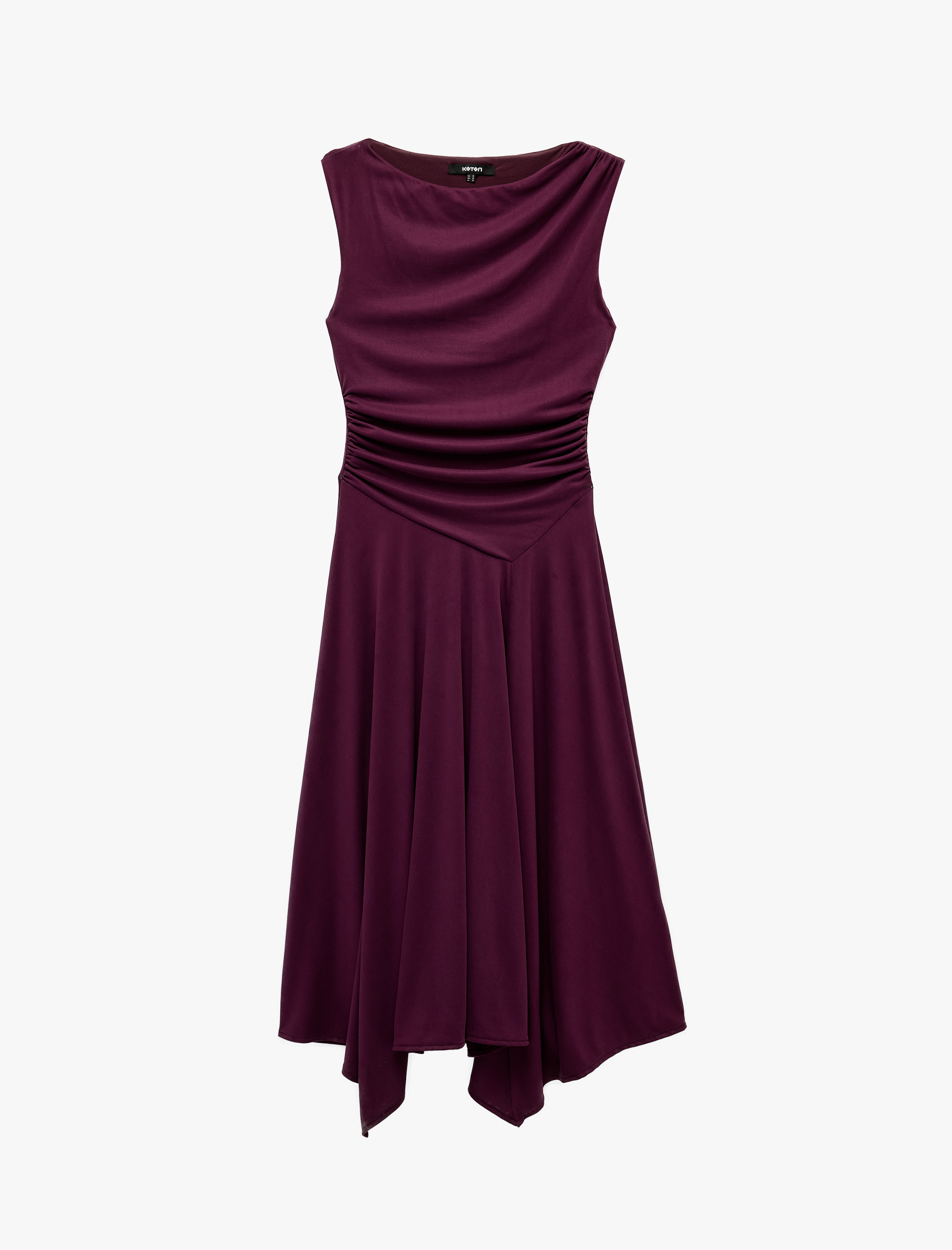   Kayık Yaka Kolsuz Mürdüm Rengi Midi Elbise Modal Kumaş Slim Fit Büzgülü Kloş Kesim