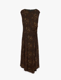 Slim Fit Asimetrik Kesim Drapeli Kolsuz Leopar Desenli Midi Elbise