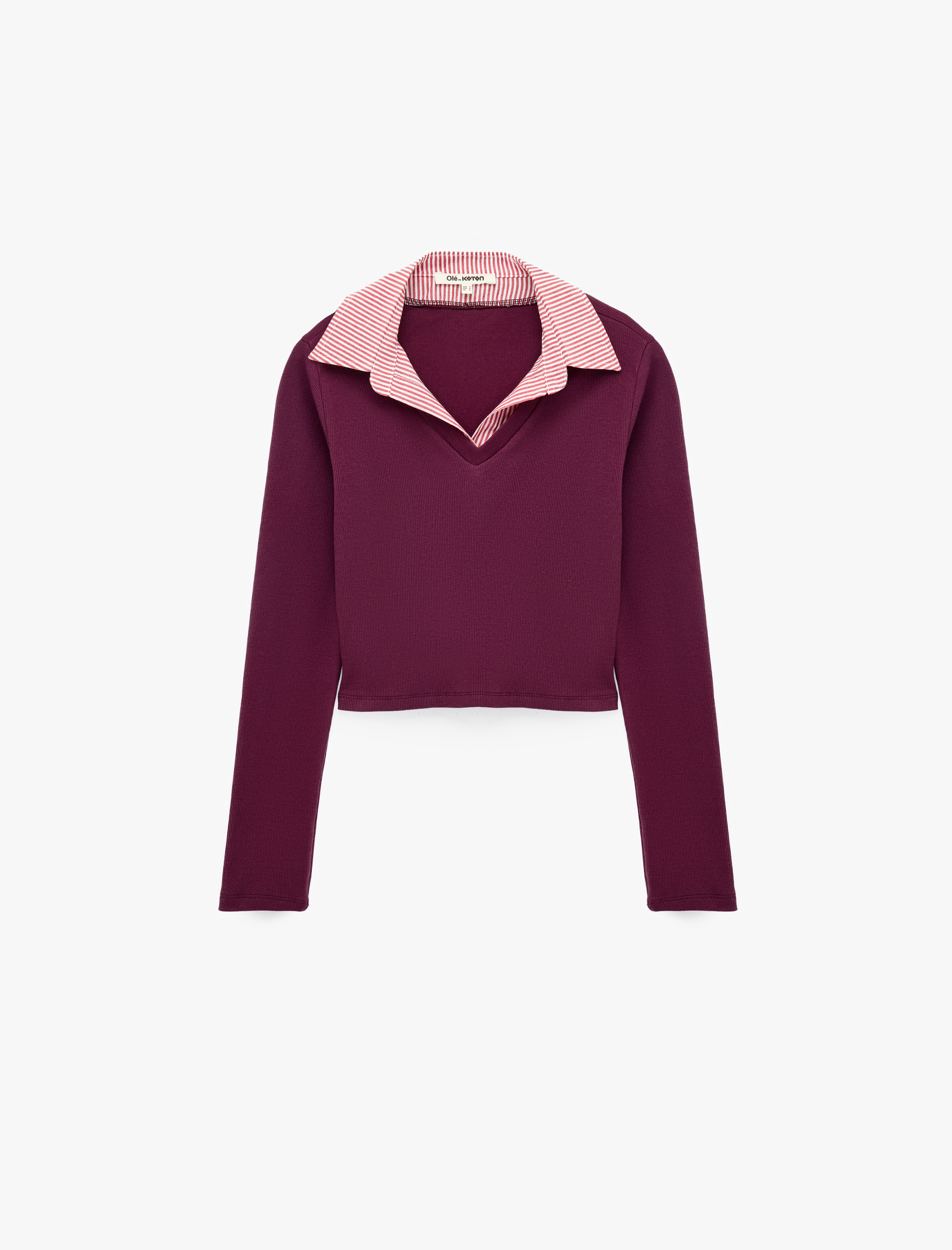   Pamuklu Gömlek Yaka Katlı Slim Fit Uzun Kollu Tişört