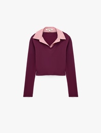 Pamuklu Gömlek Yaka Katlı Slim Fit Uzun Kollu Tişört