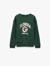 Uzun Kollu Yıkamalı Şardonlu Bisiklet Yaka Oversize Baskılı Sweatshirt