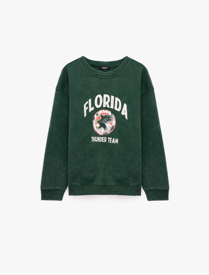  Uzun Kollu Yıkamalı Şardonlu Bisiklet Yaka Oversize Baskılı Sweatshirt