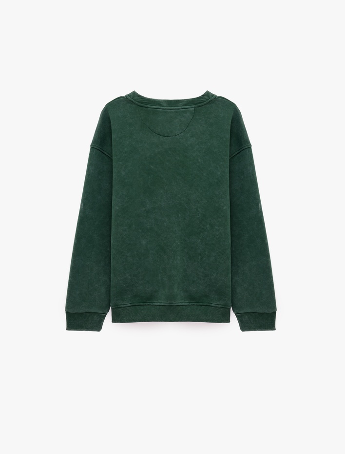  Uzun Kollu Yıkamalı Şardonlu Bisiklet Yaka Oversize Baskılı Sweatshirt