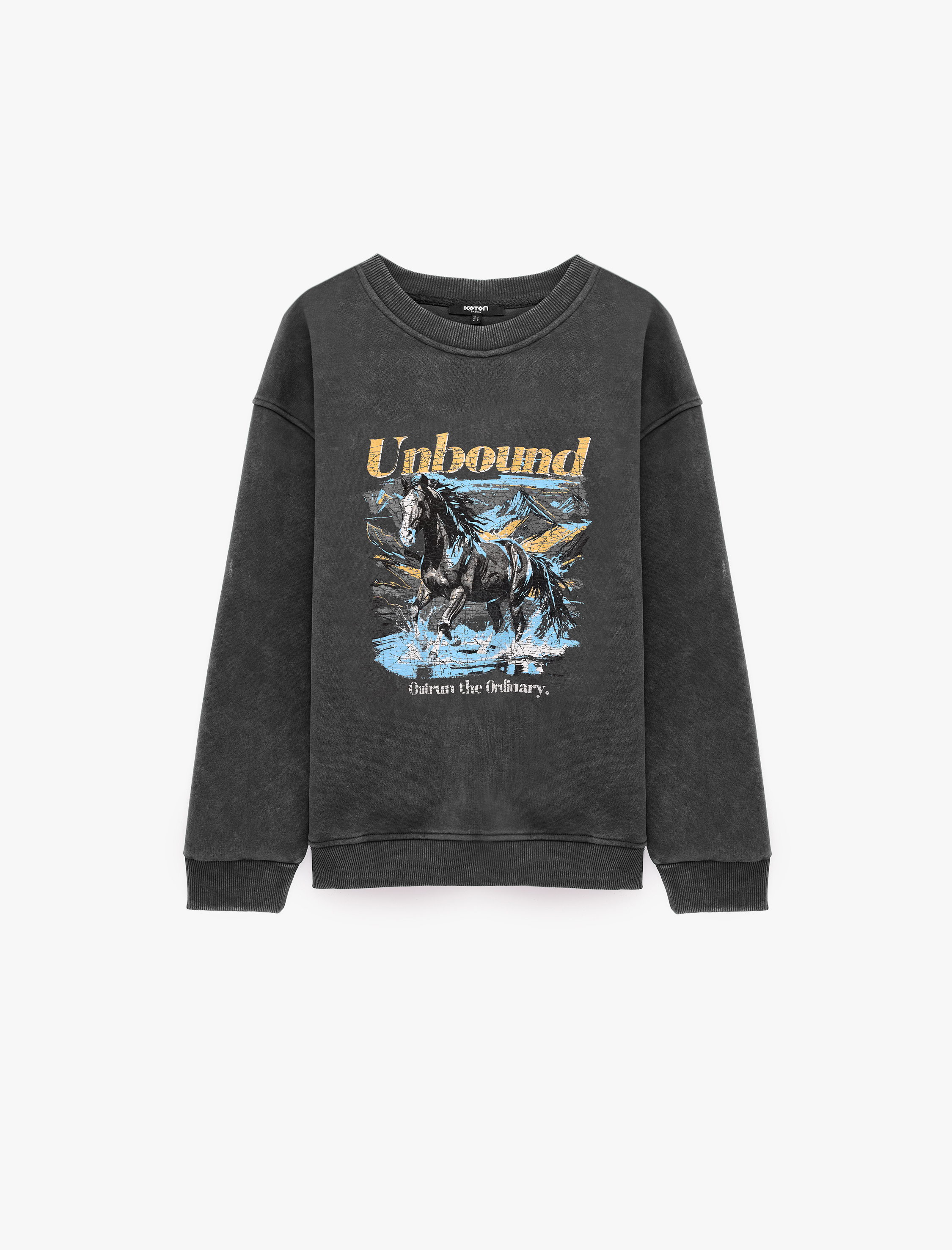   Şardonlu Bisiklet Yaka Uzun Kollu Oversize Yıkamalı Baskılı Sweatshirt