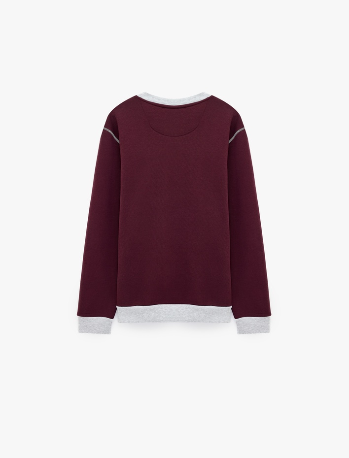  Şardonlu Renk Kontrastlı Dikiş Detaylı Bisiklet Yaka Sweatshirt
