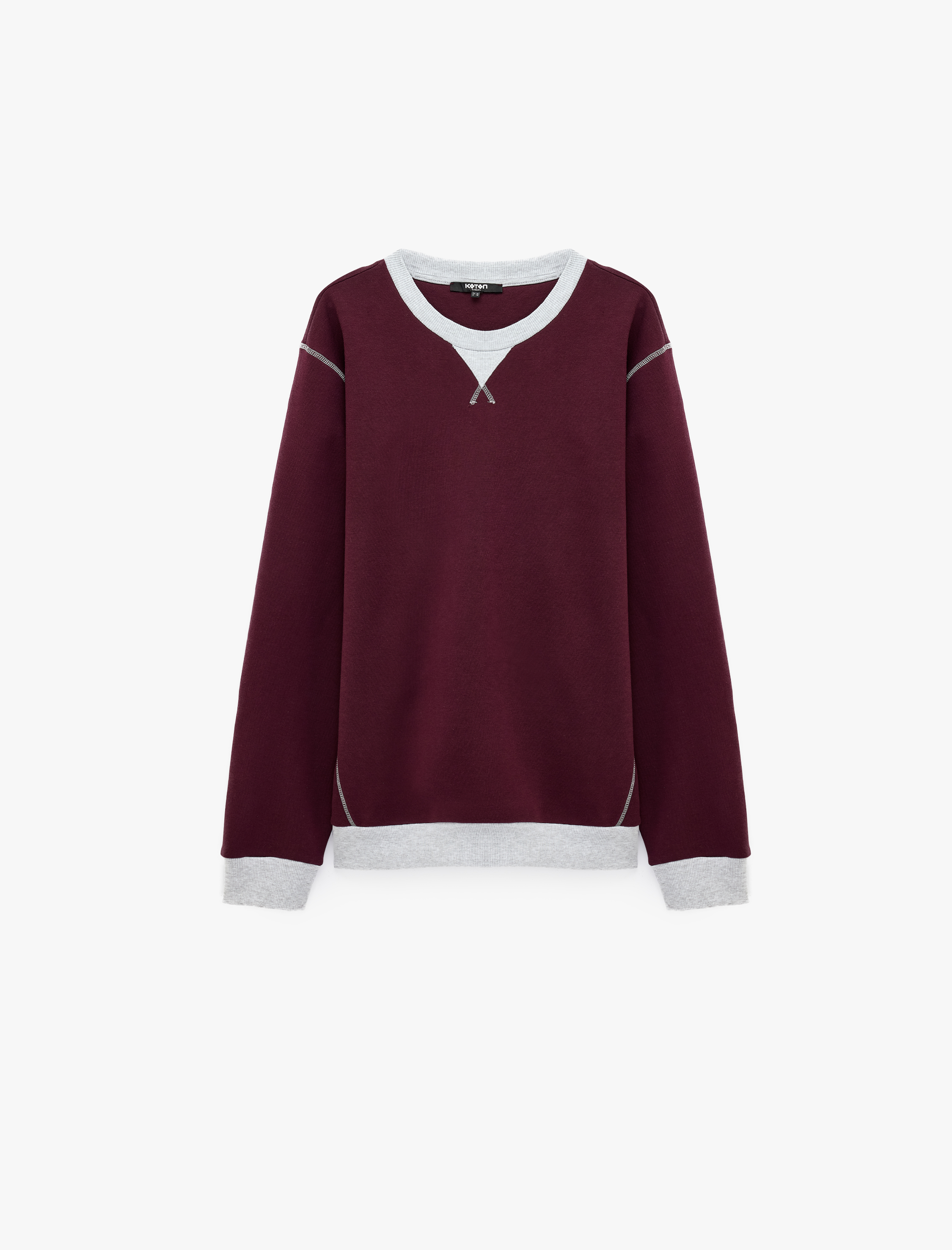   Şardonlu Renk Kontrastlı Dikiş Detaylı Bisiklet Yaka Sweatshirt