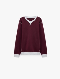 Şardonlu Renk Kontrastlı Dikiş Detaylı Bisiklet Yaka Sweatshirt