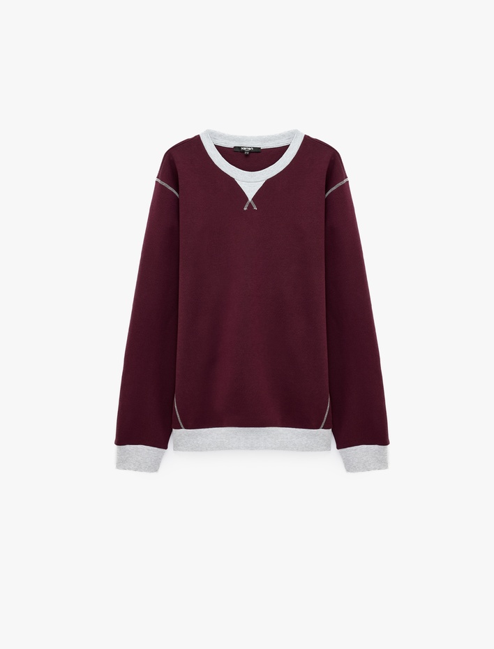  Şardonlu Renk Kontrastlı Dikiş Detaylı Bisiklet Yaka Sweatshirt