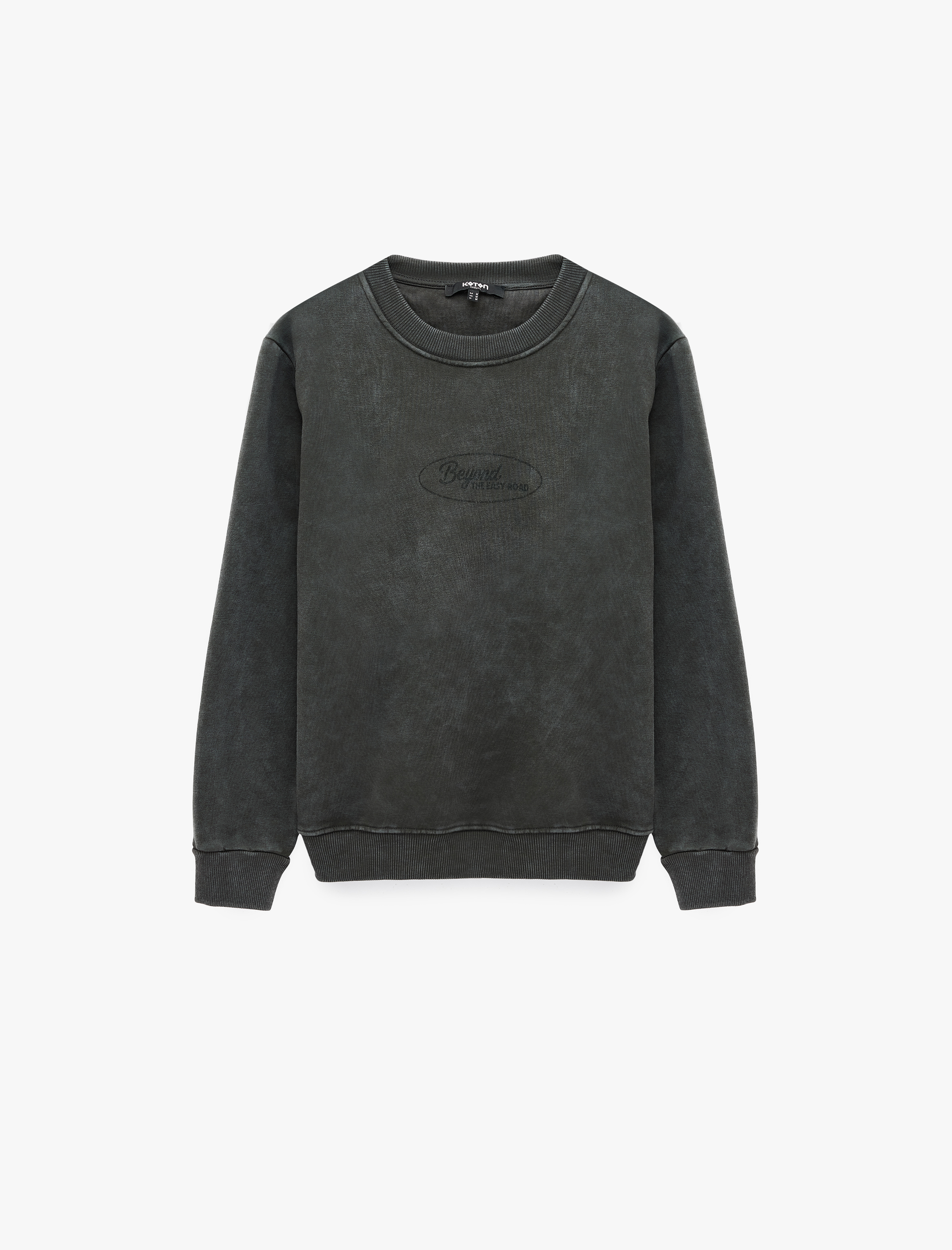   Şardonlu Bisiklet Yaka Uzun Kollu Yıkamalı Baskılı Sweatshirt