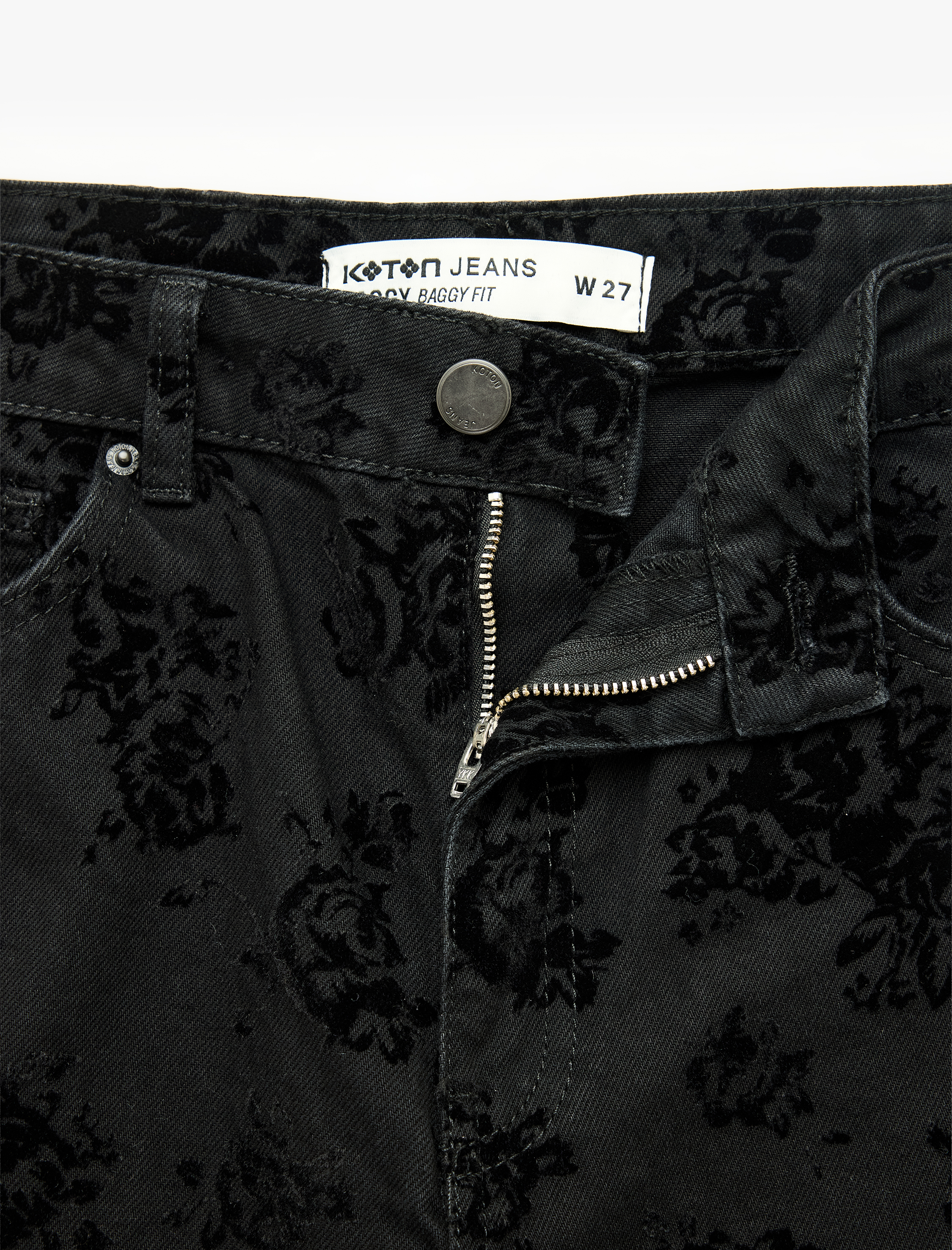   Pamuklu Cepli Düğmeli Rahat Kalıp Çiçek Baskılı Baggy Denim Pantolon -Baggy Jeans