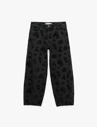 Pamuklu Cepli Düğmeli Rahat Kalıp Çiçek Baskılı Baggy Denim Pantolon -Baggy Jeans