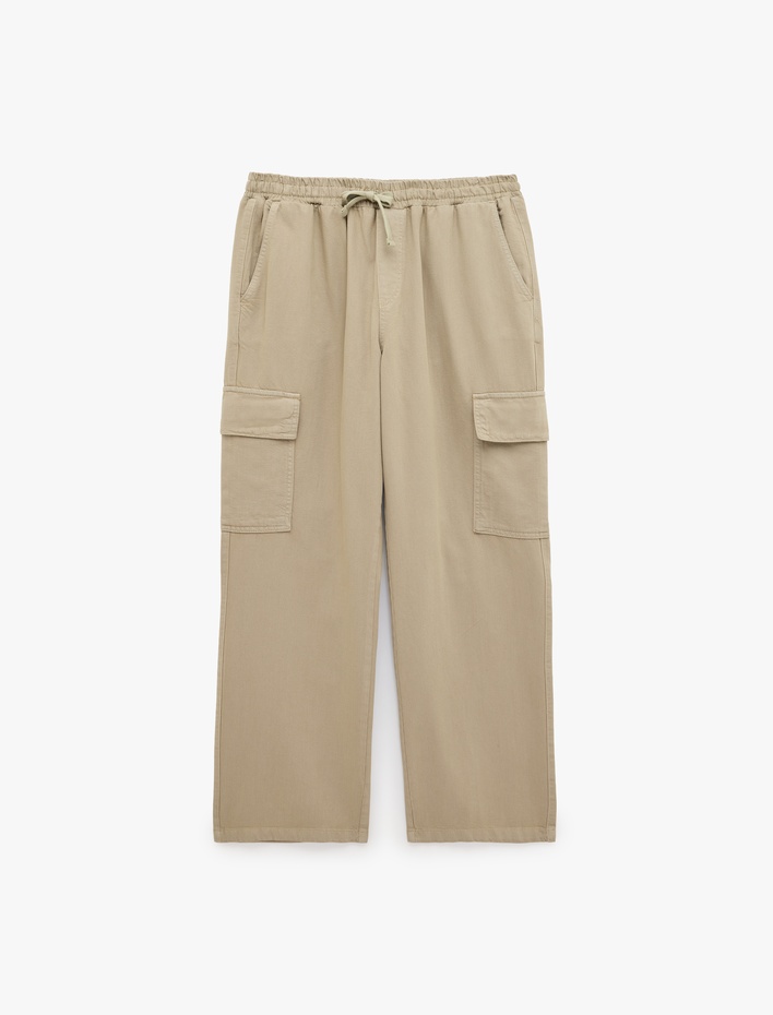  Pamuklu Cepli Gabardin Beli Lastikli Bağcıklı Kargo Pantolon
