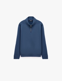 Uzun Kollu Üç İplik Şardonlu Pamuklu Yarım Fermuarlı Sweatshirt